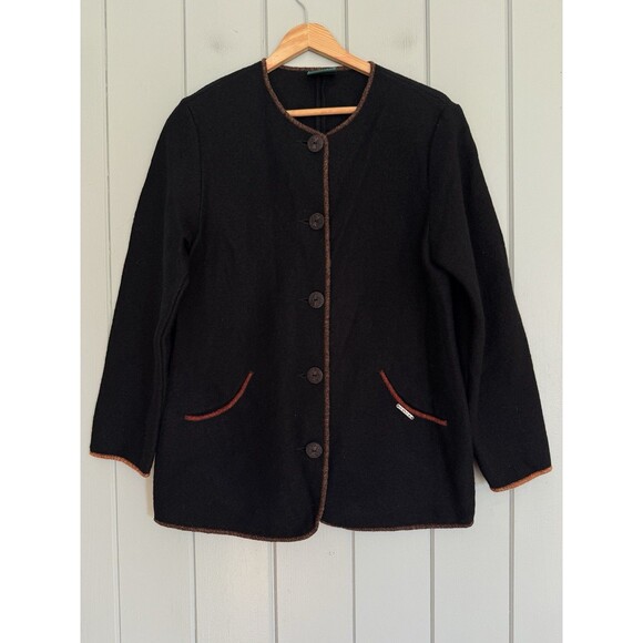 Geiger Tyrol Sweater Cardigan 38 8 Austria Pure New Boiled Wool Black Jacket - Picture 1 of 5